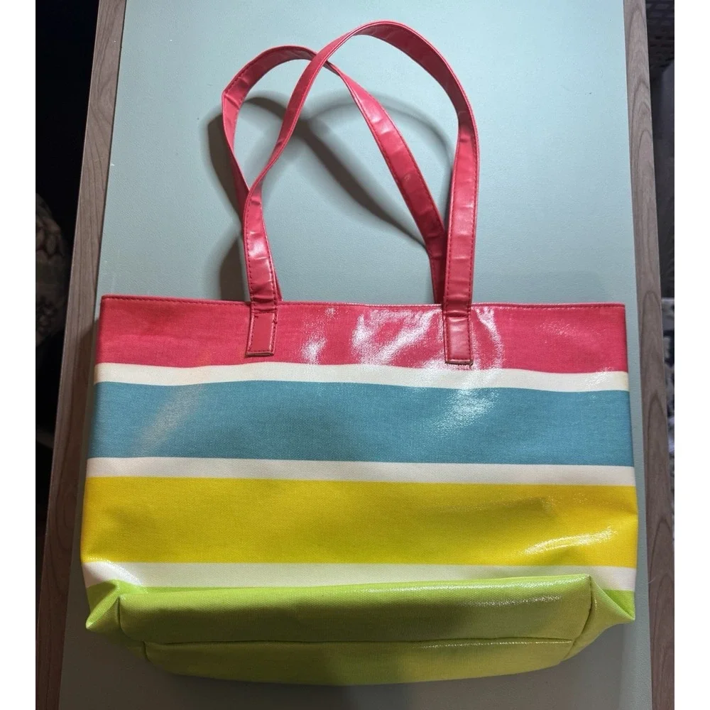 CHI for Ulta Beauty Pink Blue Yellow Green Striped Tote Bag Vinyl Easy Clean